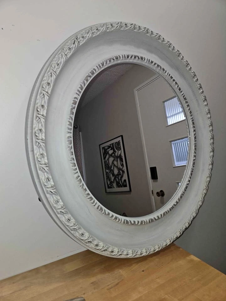 Large 33" Round Whitewashed Farmhouse / French Country Wall Mirr