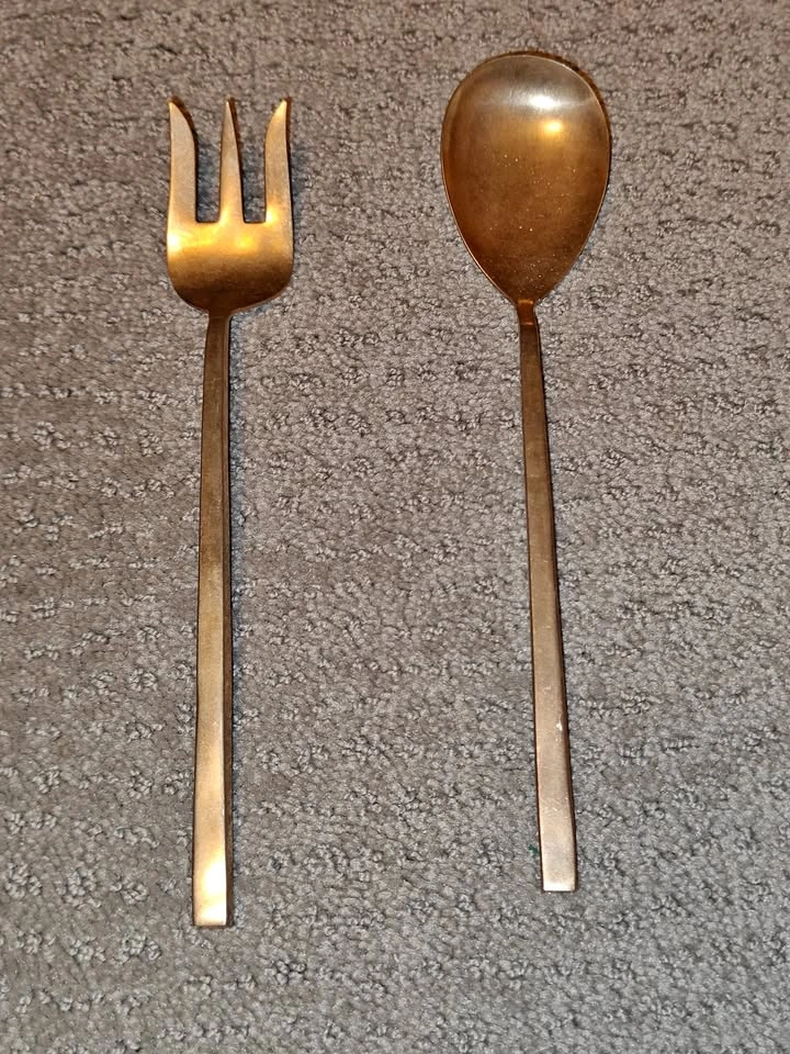 9" Brass Salad Server Set Kitchen Spoon Fork Serving Utensils