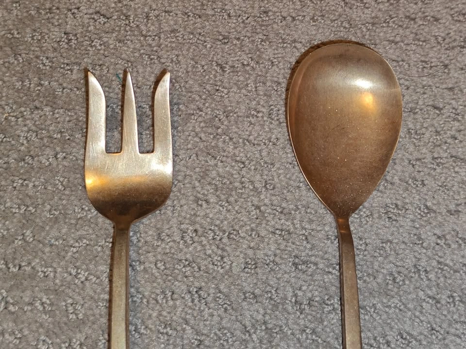 9" Brass Salad Server Set Kitchen Spoon Fork Serving Utensils - photo 2