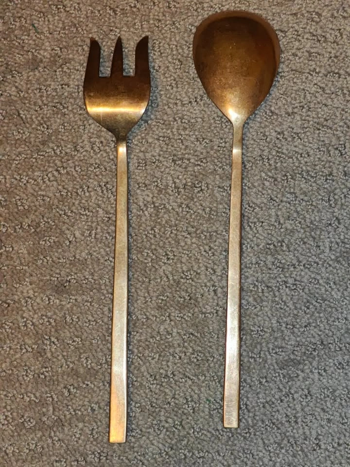 9" Brass Salad Server Set Kitchen Spoon Fork Serving Utensils - photo 4