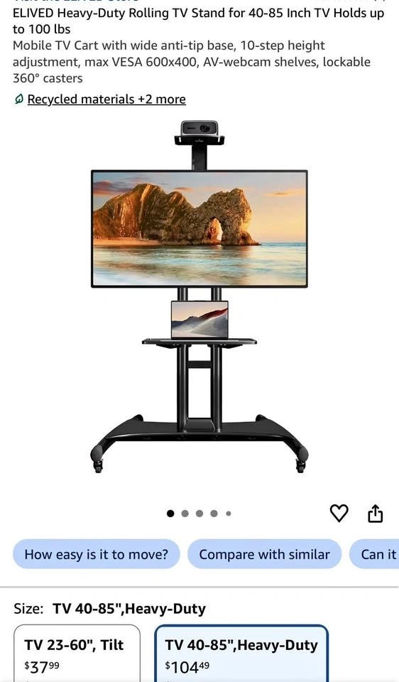 Heavy-Duty Rolling TV Stand for 40-85” TV Holds up to 100 lbs