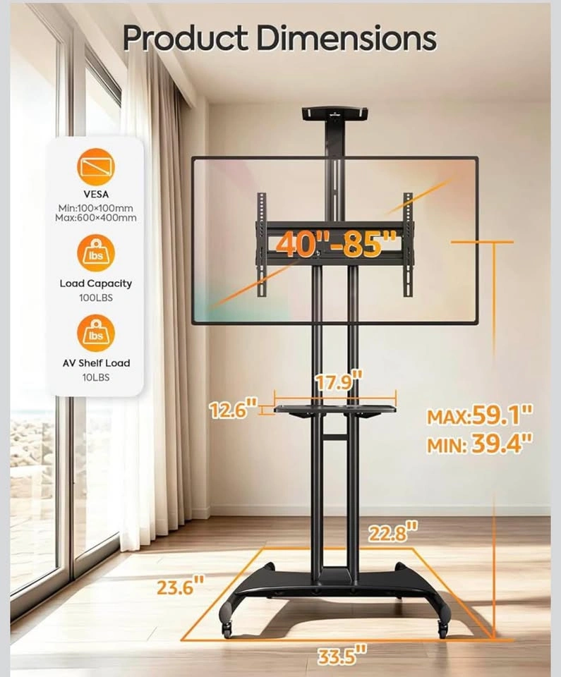 Heavy-Duty Rolling TV Stand for 40-85” TV Holds up to 100 lbs - photo 2