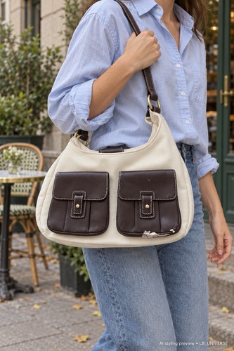Lauren Ralph Lauren Cream Canvas Brown Leather Hobo Bag