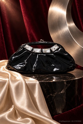 Beverly Feldman Black Patent Ruched Crystal Gem Evening Clutch