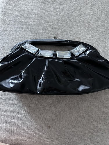 Beverly Feldman Black Patent Ruched Crystal Gem Evening Clutch - photo 2