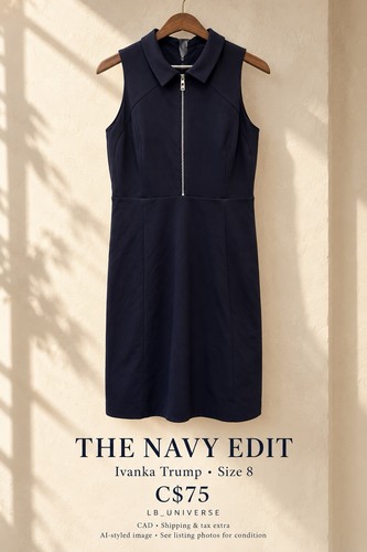 Ivanka Trump Navy Blue Collared Zip-Front Sleeveless Sheath Dres