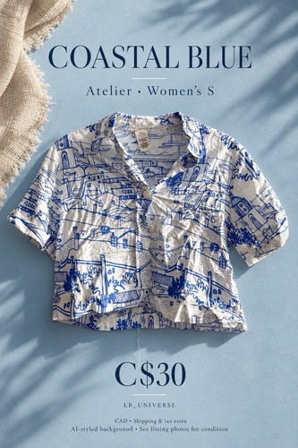 Atelier Blue Scenic Linen Blend Crop Shirt S