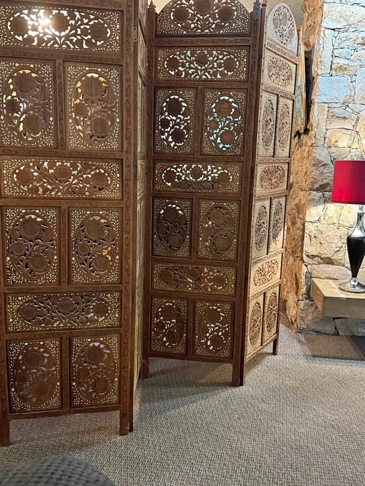 Antique Hand-Carved Teak Wood 4-Panel Room Divider with Inlay