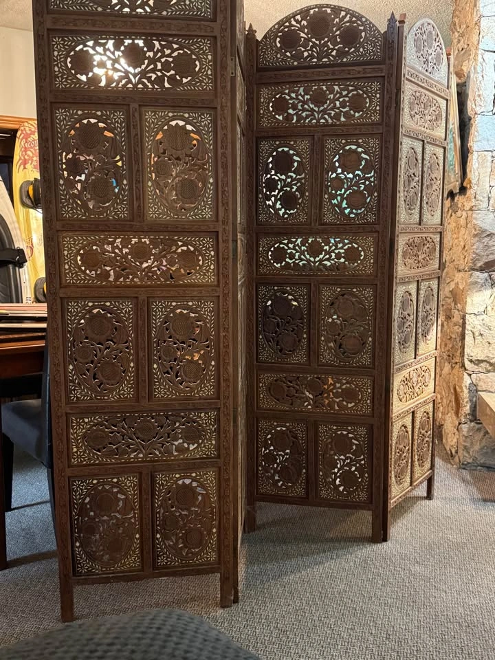 Antique Hand-Carved Teak Wood 4-Panel Room Divider with Inlay - photo 3
