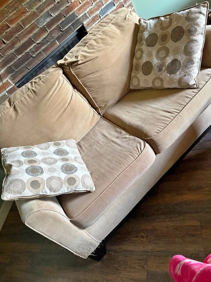 Tan Loveseat with Throw Pillows