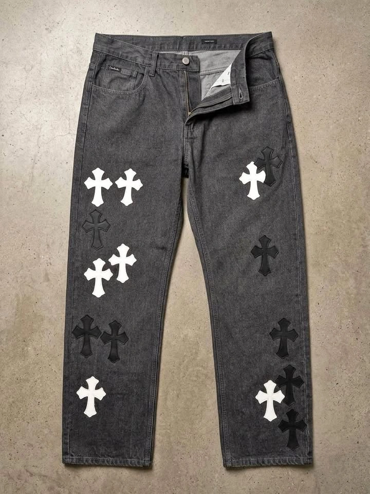 Black Baggy Cross Patch Jeans – Size 36