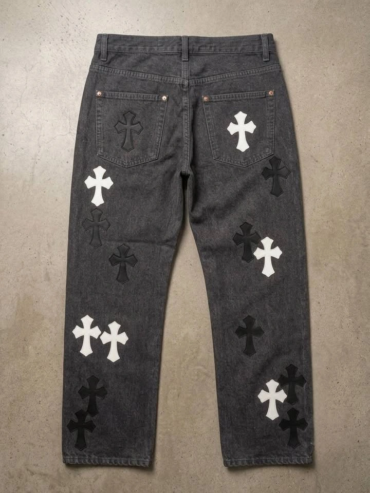 Black Baggy Cross Patch Jeans – Size 36 - photo 2