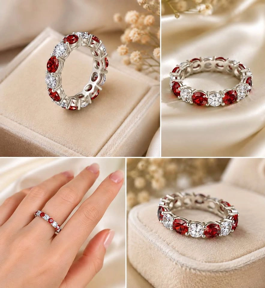 6.5-7CT Red & White Eternity Band, 925 Silver, 18K Gold Plated