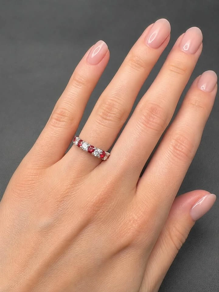6.5-7CT Red & White Eternity Band, 925 Silver, 18K Gold Plated - photo 2