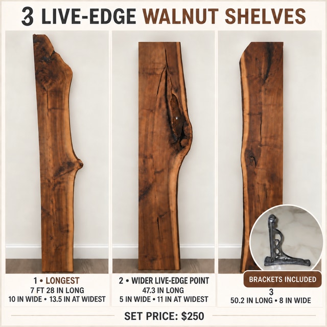 LIVE-EDGE WALNUT WOOD COLLECTION - STATEMENT SLAB + 3 SHELVES - photo 4