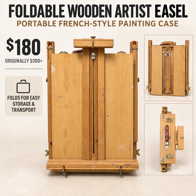 FOLDABLE WOODEN FRENCH ARTIST EASEL & PAINTING CASE