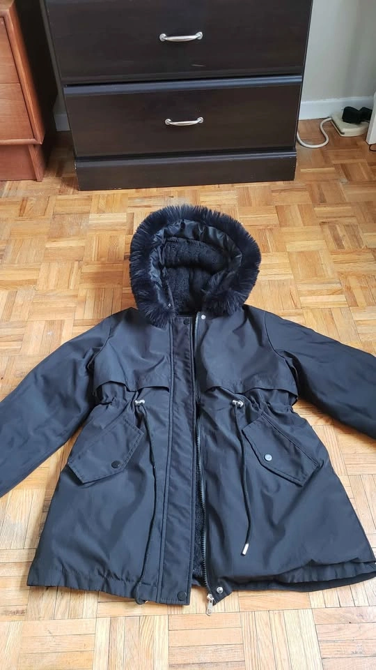 Black Parka Jacket with Faux Fur Hood - photo 2