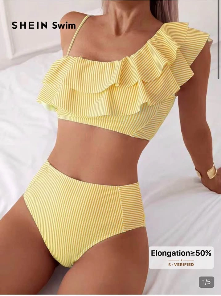 SHEIN Swim Yellow Striped Ruffle One-Shoulder Bikini Set size S