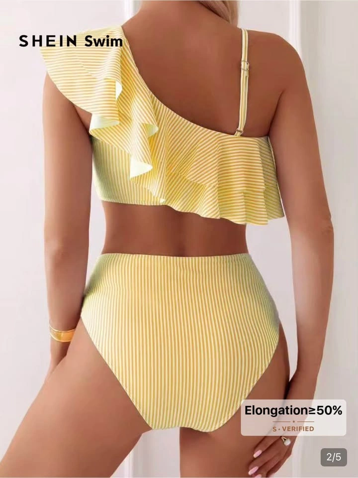 SHEIN Swim Yellow Striped Ruffle One-Shoulder Bikini Set size S - photo 2