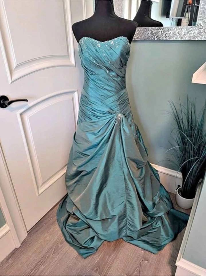Teal Strapless Corset Back Evening Gown with Sequins