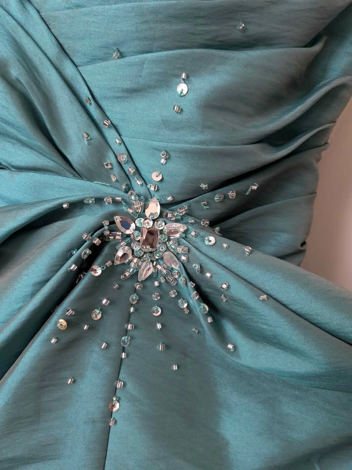 Teal Strapless Corset Back Evening Gown with Sequins - photo 3
