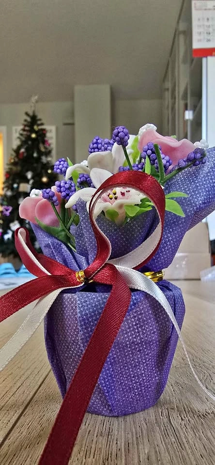 Miniature Artificial Flower Bouquet in Purple Wrap