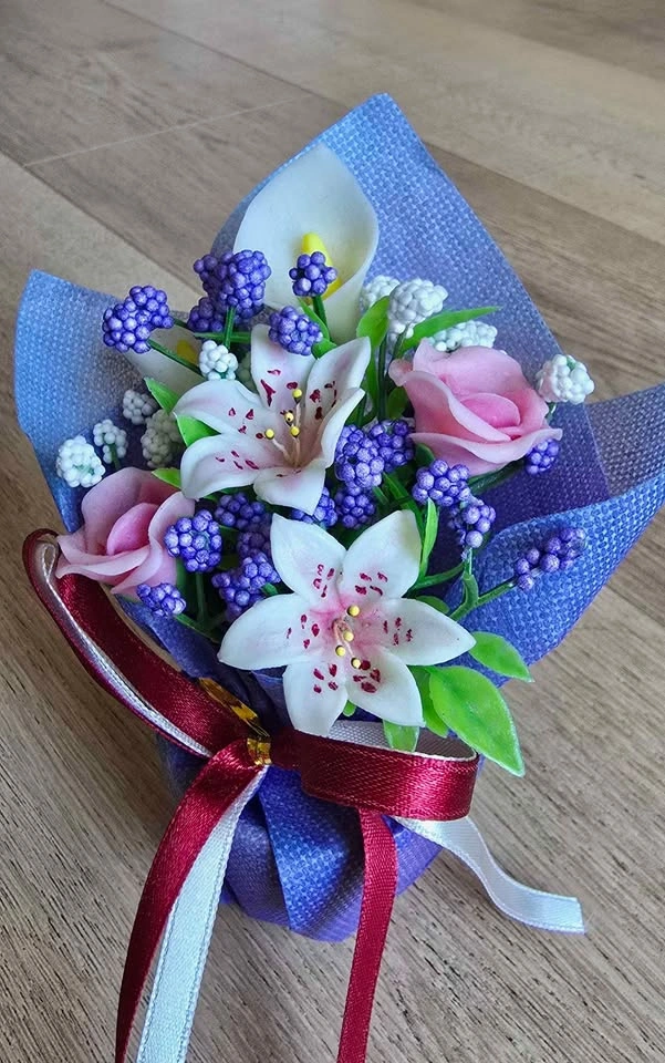 Miniature Artificial Flower Bouquet in Purple Wrap - photo 2