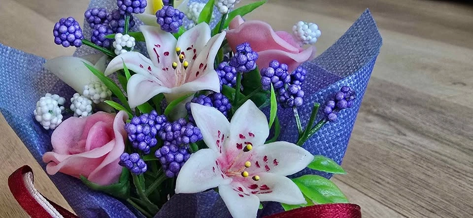 Miniature Artificial Flower Bouquet in Purple Wrap - photo 3