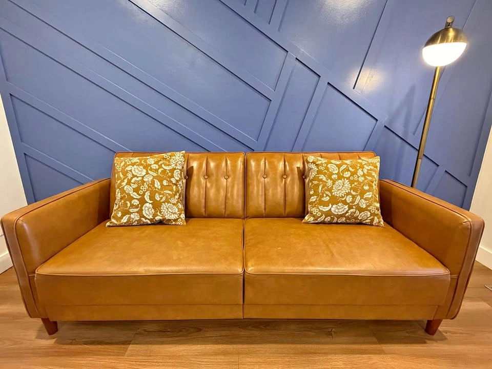 Modern Tan/Cognac Sofa – Convertible Backrest