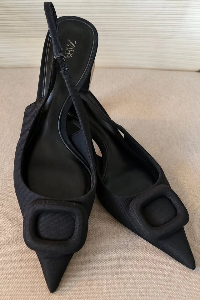 Zara Black Pointed-Toe Slingback Block Heels - Size 39 - photo 3