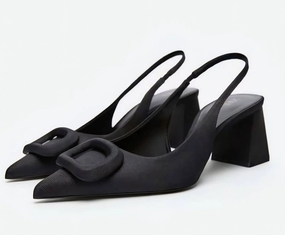 Zara Black Pointed-Toe Slingback Block Heels - Size 39 - photo 5