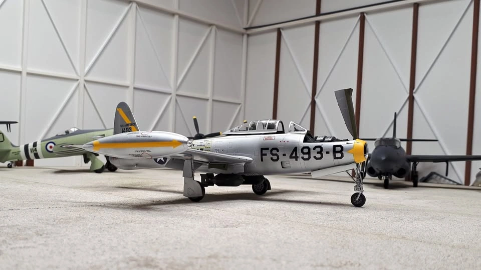 Completed 1/48th scale F-84G Thunderjet plastic model aircraft