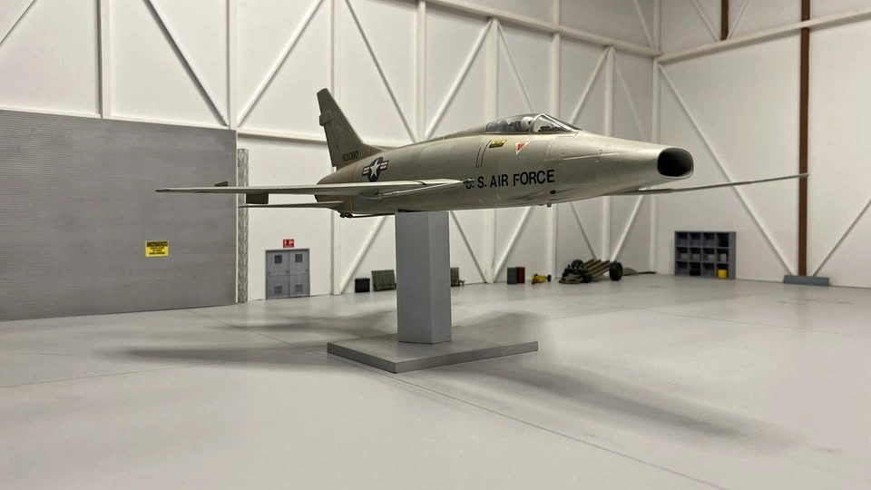 Completed 1/48th scale F-100D Super Sabre plastic model aircraft