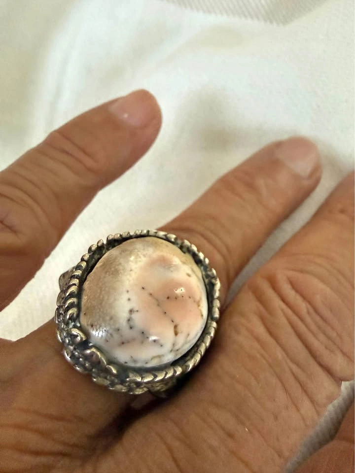 Vintage Style Silver Statement Ring with Large Pink White Stone