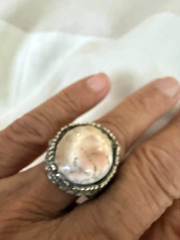 Vintage Style Silver Statement Ring with Large Pink White Stone - photo 2