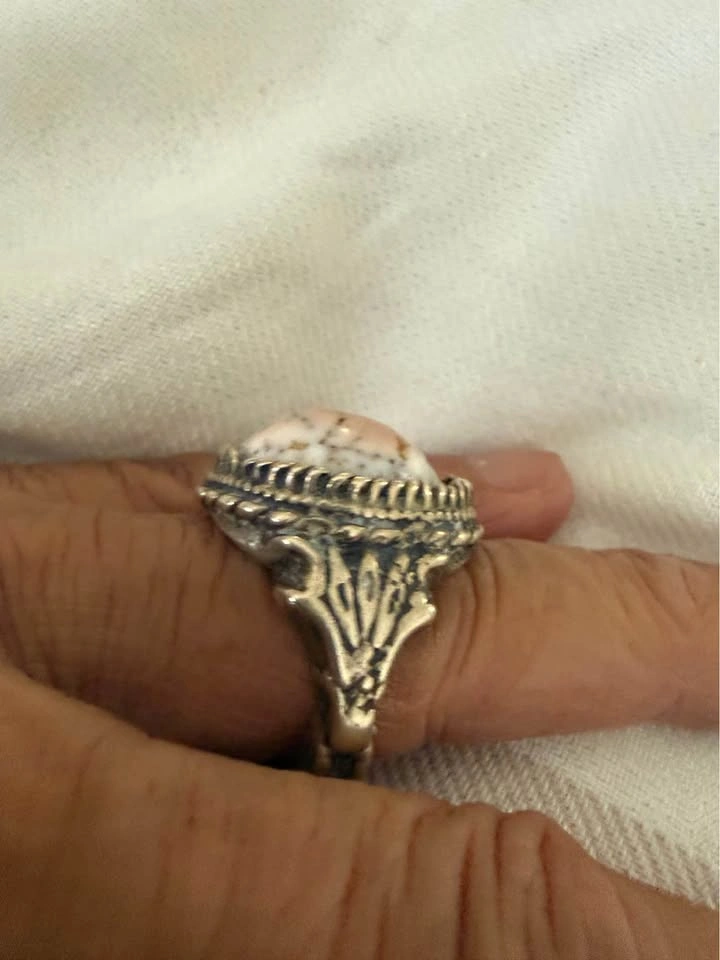 Vintage Style Silver Statement Ring with Large Pink White Stone - photo 4