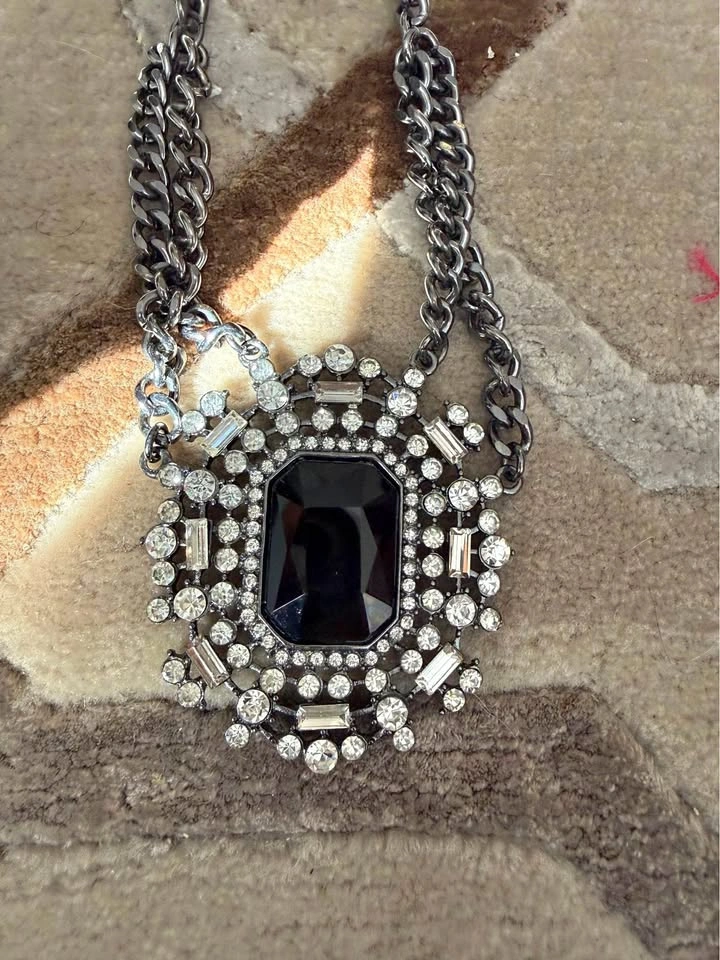 Gunmetal Rhinestone Statement Necklace with Black Center Stone