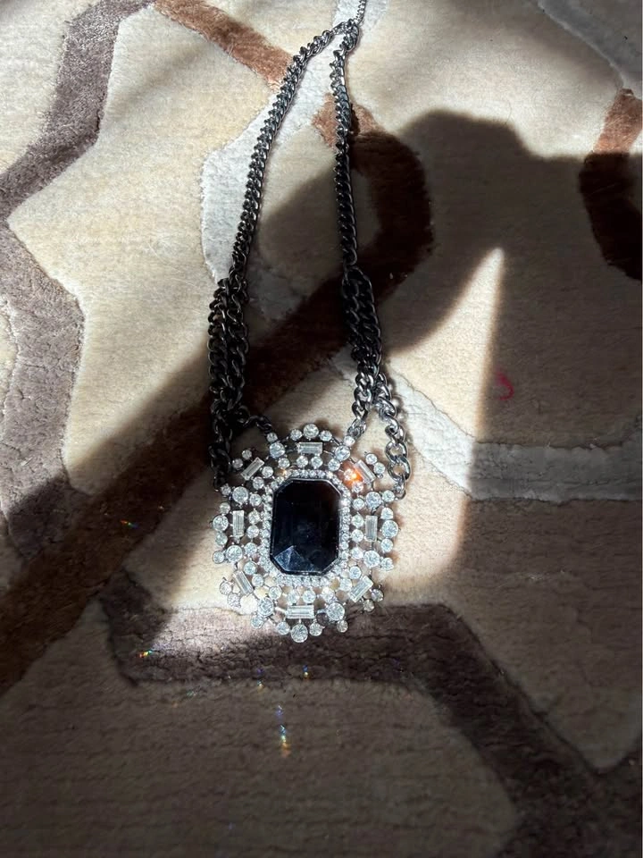 Gunmetal Rhinestone Statement Necklace with Black Center Stone - photo 2