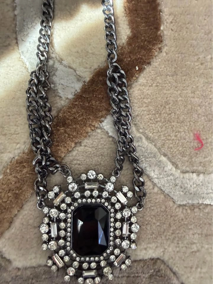 Gunmetal Rhinestone Statement Necklace with Black Center Stone - photo 3