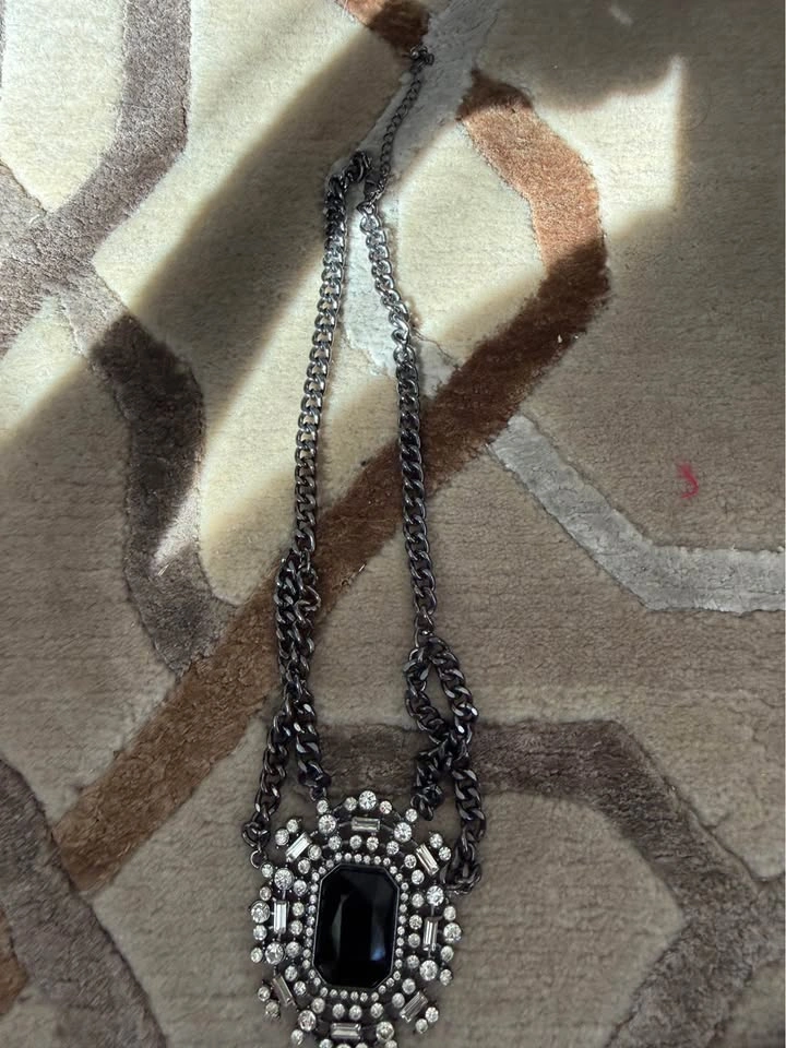Gunmetal Rhinestone Statement Necklace with Black Center Stone - photo 4