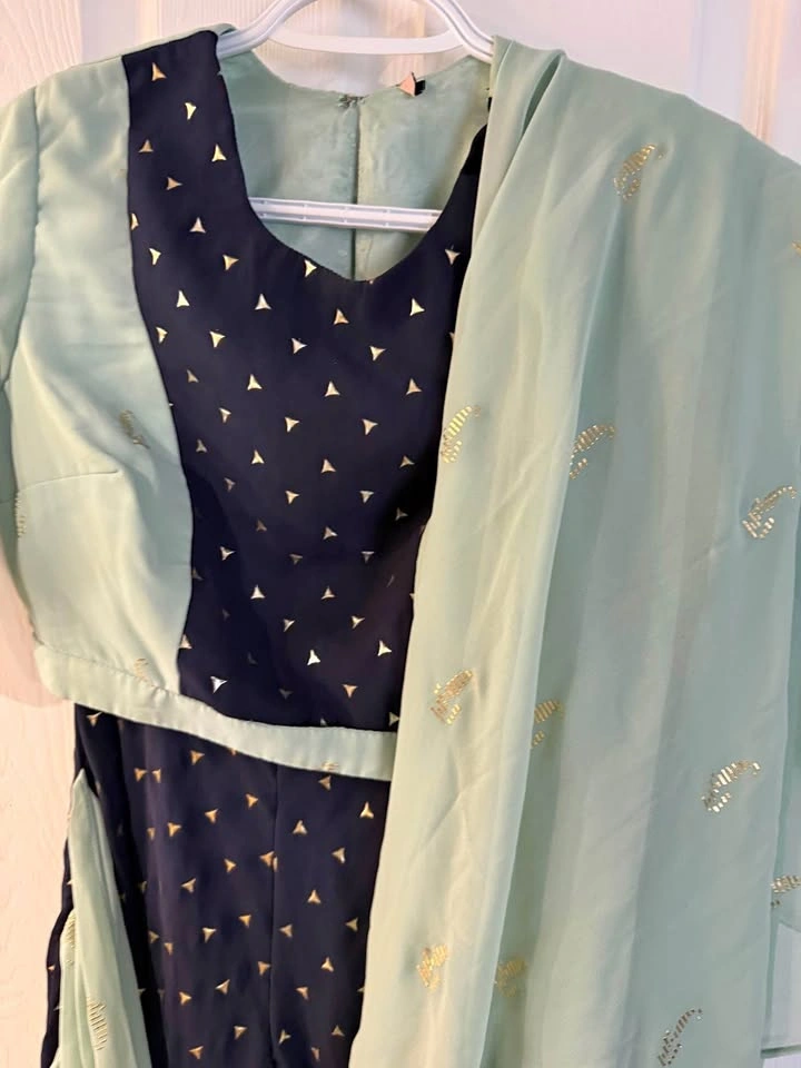 3-Piece Mint Green and Navy Blue Indian Traditional Outfit