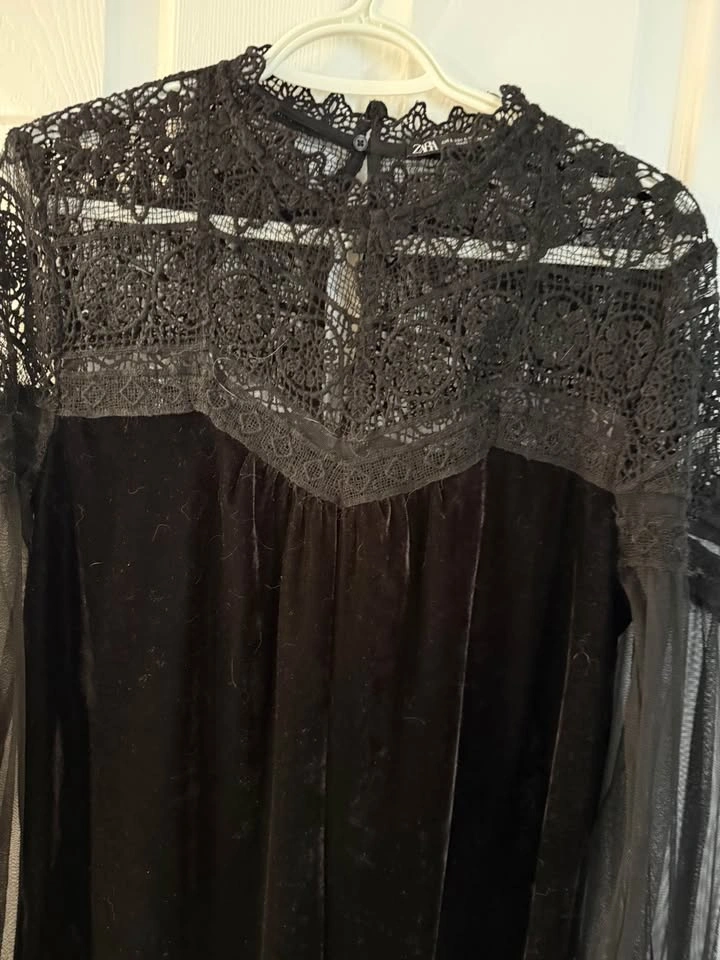 Zara Black Velvet and Lace Long Sleeve Dress - photo 3