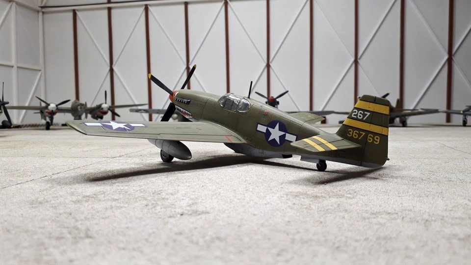 Completed 1/48th scale P-51B Mustang plastic model aircraft