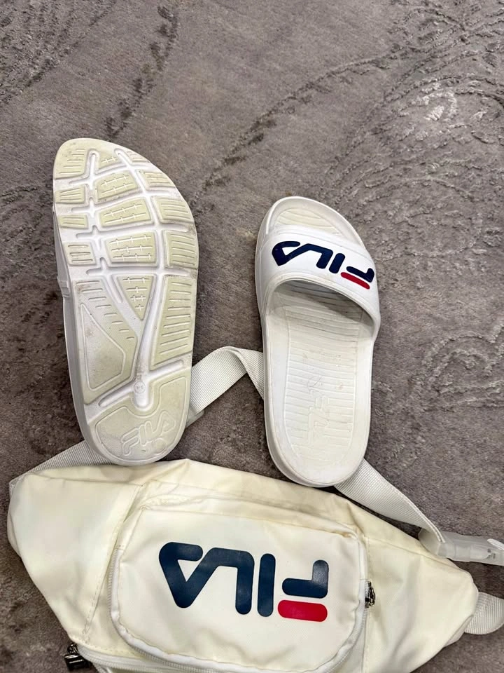 Fila White Slides Size 6 and Fanny Pack Set