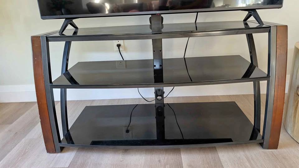 3-Tier Black Tempered Glass & Wood TV Stand with Built-In Mount
