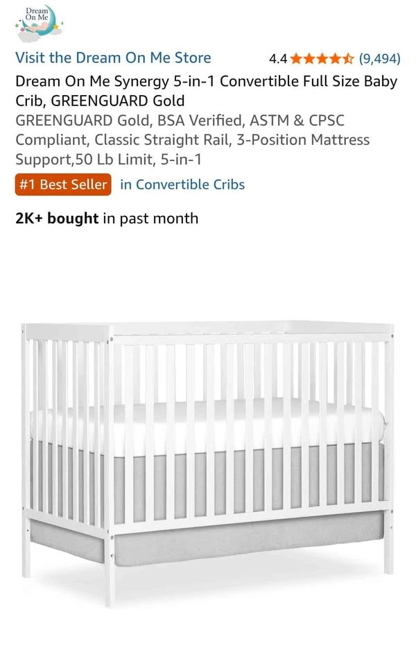 5-in-1 Convertible Full Size Baby Crib + 2 New Mattresses