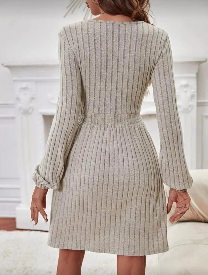 Frenchy Solid Lantern Sleeve A-line Dress image indicator(2)