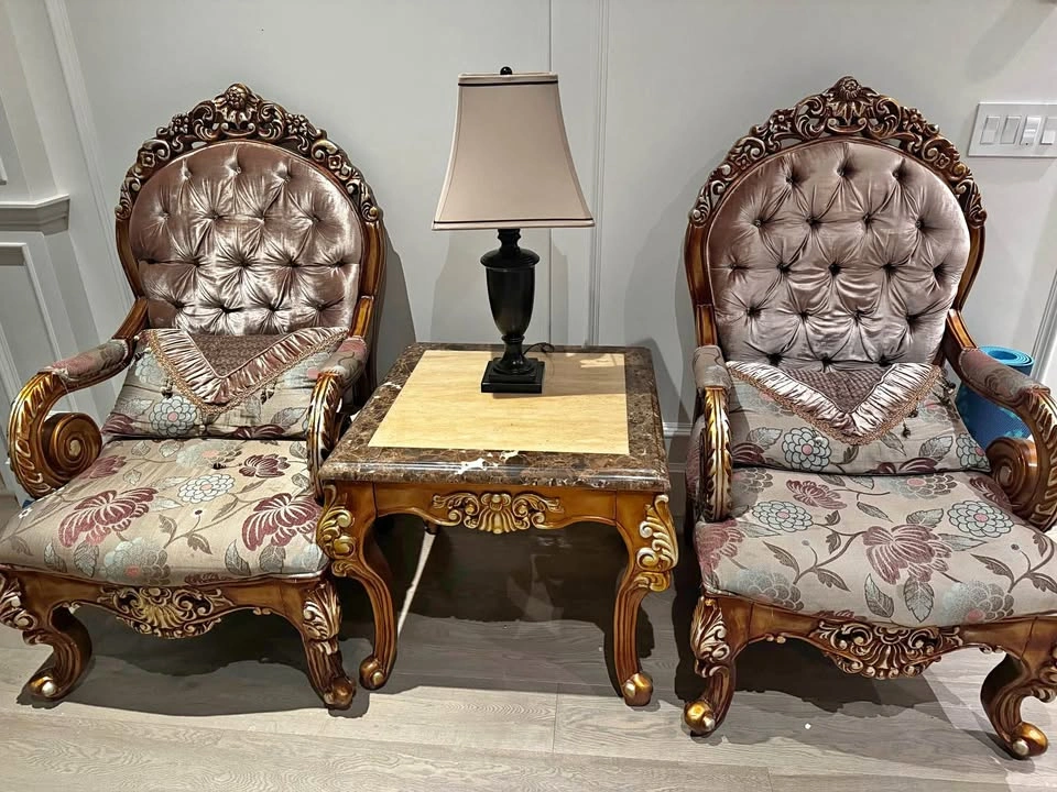 Ornate Baroque Style Armchairs and Marble Top Side Table Set