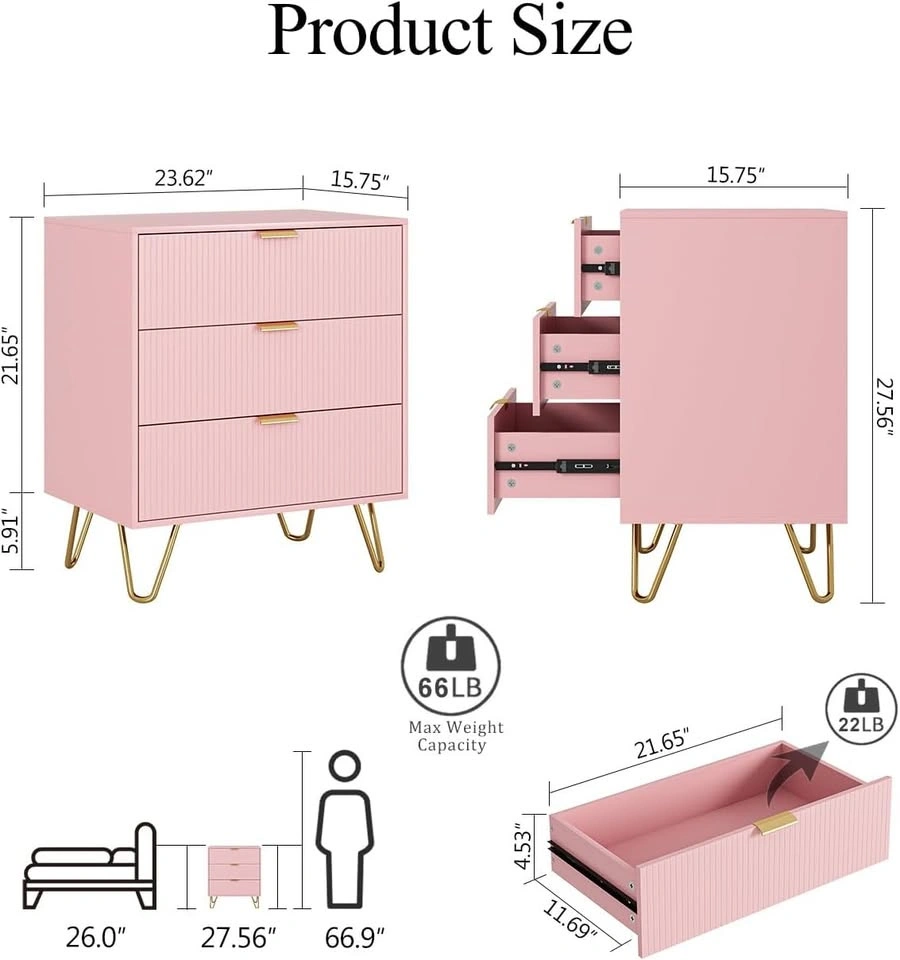 NEW Pink & Gold 3-Drawer Dresser Bedroom Storage Unit - photo 3
