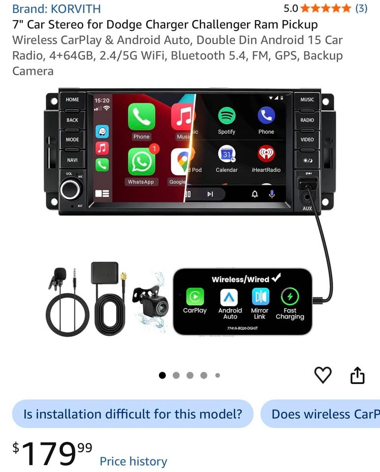 7” Car Radio CarPlay Screen for Dodge Charger/Challenger/Ram